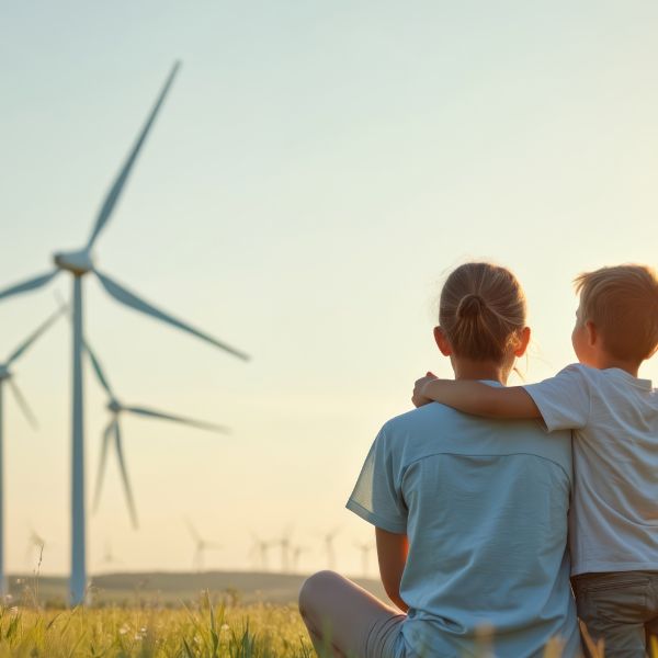 Familie sitzt auf einer Wiese und betrachtet Windenergieanlagen