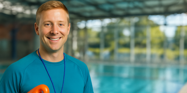Im Vordergrund sieht man einen jungen, blonden Mann mit einer Trillerpfeife um den Hals. Unter dem Arm trägt er ein Schwimmbrett. Im Hintergrund lässt sich das Freizeitbad vom Linus Lingen erahnen. Es ist leicht verschwommen dargestellt.