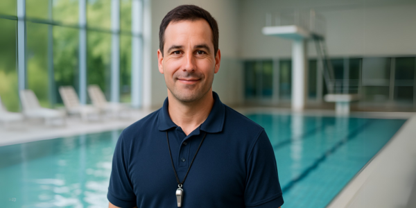 Im Vordergrund ist ein Mann mittleren Alters mit dunkleblauem Polo und Trillerpfeife um den Hals zu sehen. Im Hintergrund ist etwas verschwommen ein Schwimmbad zu erkennen.