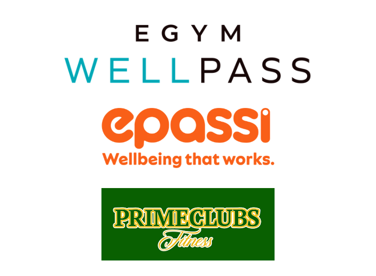 Übersicht über unsere Firmenfitnesspartner mit Logo: Wellpass, epassi & Primeclubs