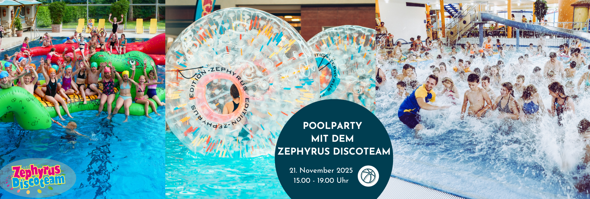 Ankündigung der nächsten Poolparty mit dem Zephyrus Discoteam am 21. November. Im Hintergrund sieht man drei Bilder, die verschiedene Situationen der Poolparty zeigen. Das Wasser spritzt und alle Abgebildeten - vornämlich Kinder - haben Spaß.