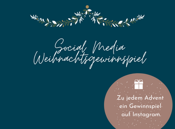 Text „Social Media Weihnachtsgewinnspiel“. Ankündigung von Gewinnspiel im Advent